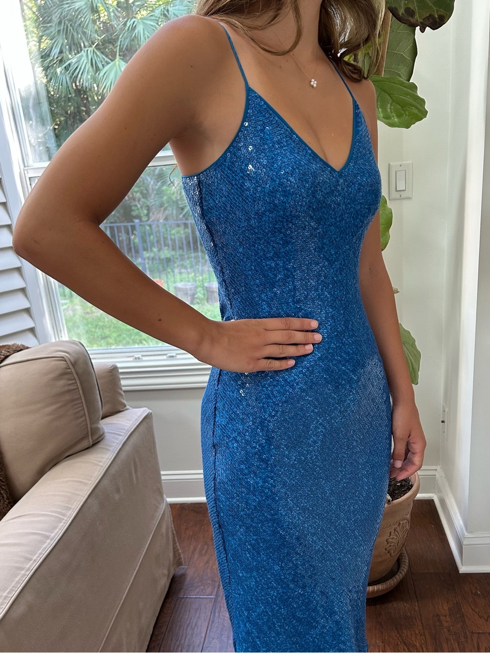 Diane Von Furstenberg Silk, Blue Sequin Dress with Spaghetti Straps - Brand new